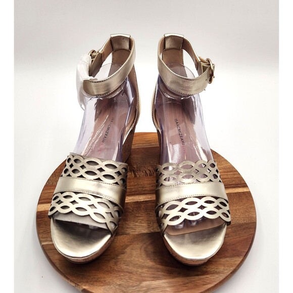 Isaac Mizrahi Platform Sandal Women's 9M Gold Leather Ankle Strap Cork Wedge - Picture 3 of 12